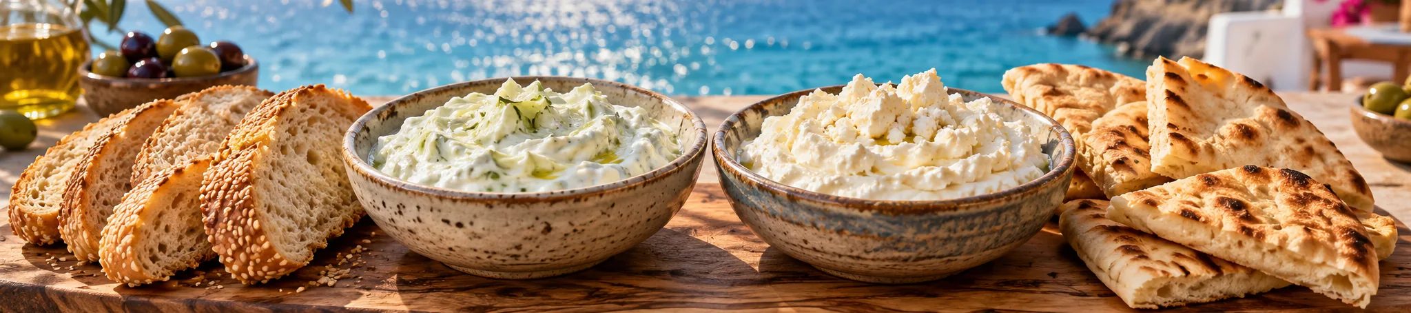 Un bol de tzatziki și unul de tirosaláta, cu pâine și pită, pe o masă lângă mare
