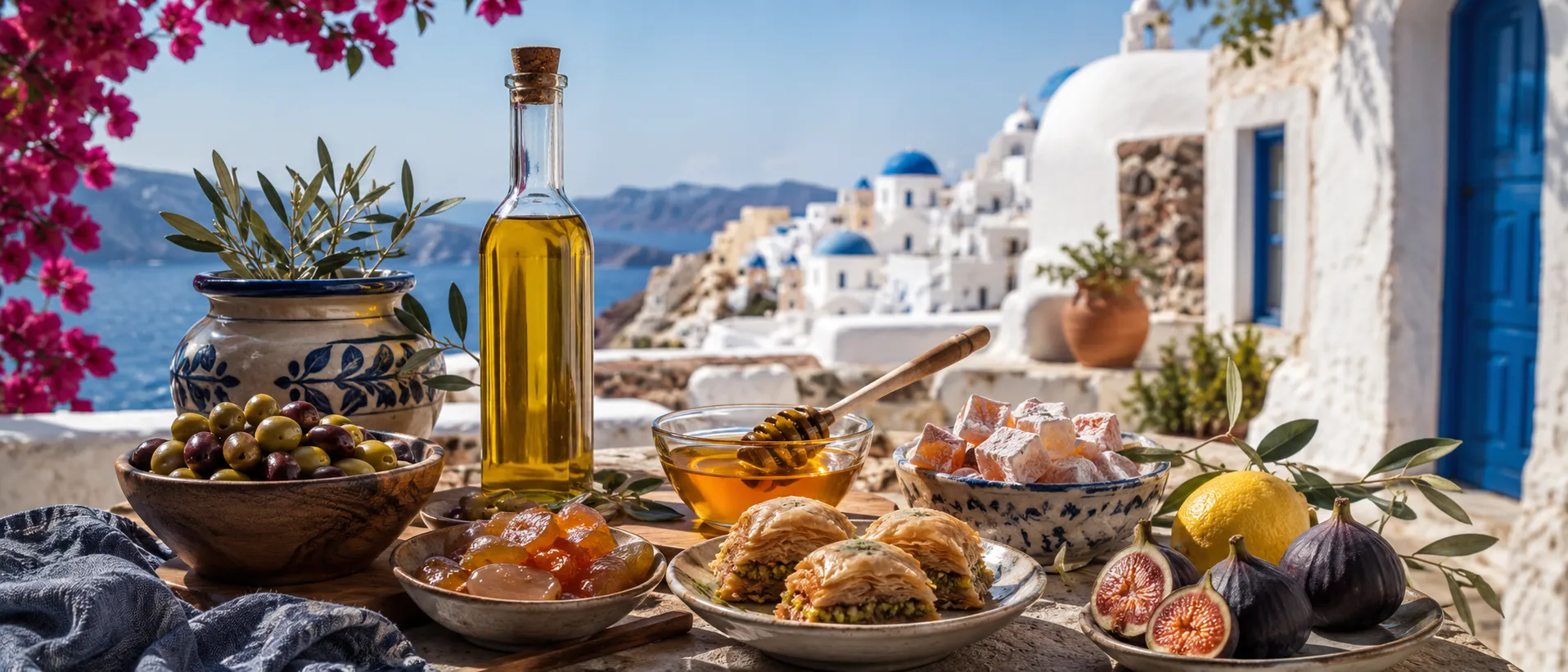 Masă grecească cu ulei de măsline, măsline, miere și baklava, cu vedere spre Santorini